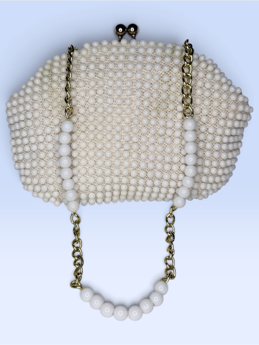 VTG John Wind Ivory Beaded Clutch Bag Gold & Faux Pearl Hybrid Chain